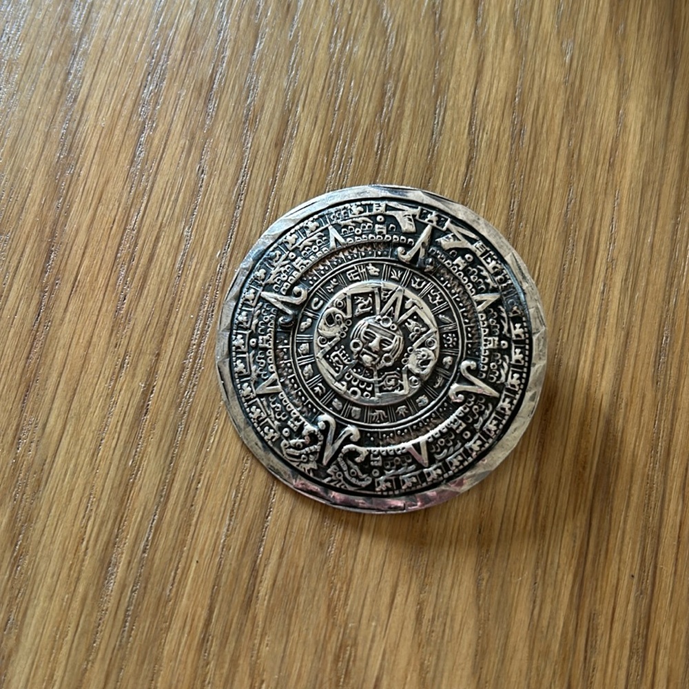 Vintage J Gomez Taxco Sterling Silver Aztec Calendar Brooch Pin Pendant 2.25"
